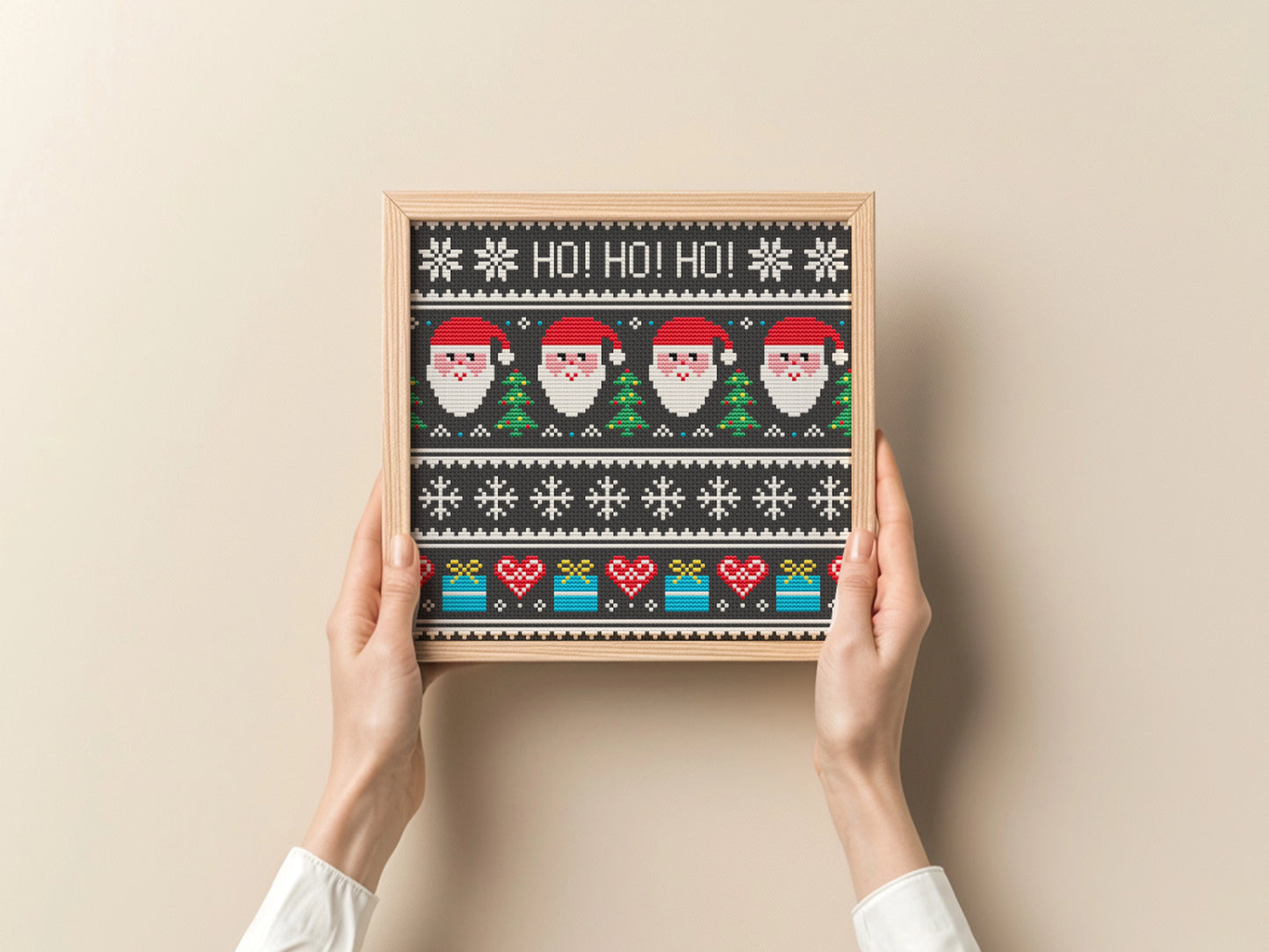 Christmas cross stitch pattern with ornaments and Santa, festive holiday embroidery design