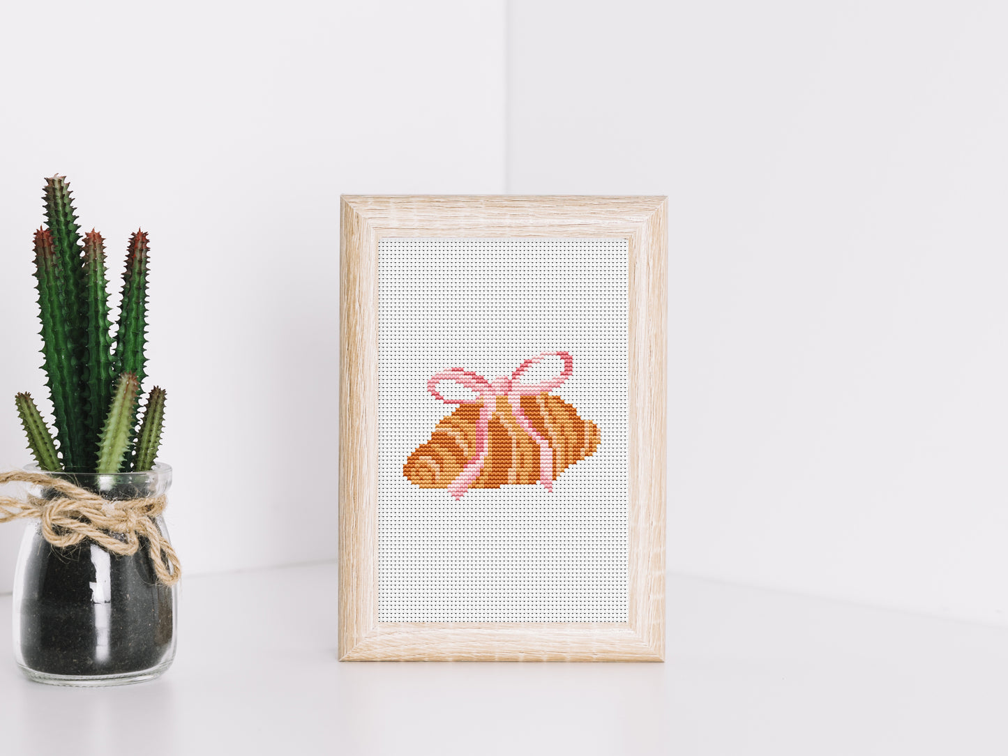 croissant cross stitch pattern with pink bow, French bakery embroidery design, modern kitchen decor chart, digital PDF download
