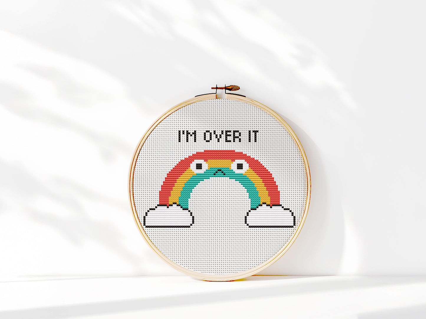 "I'm Over It" quote rainbow cross stitch pattern, fun typography embroidery design