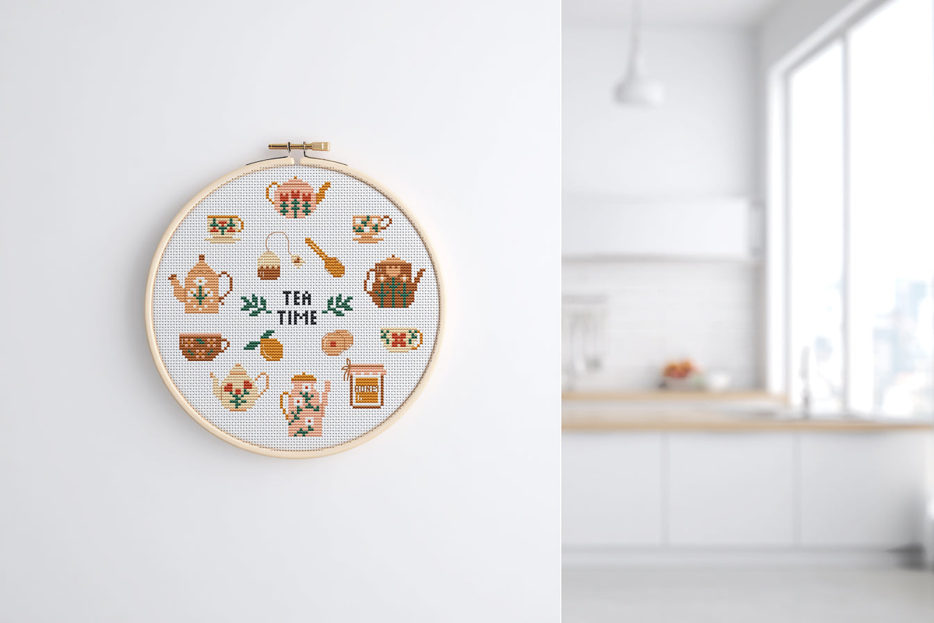 Tea Time cross stitch pattern with teapots, cups, spoons, and sweets in a cozy modern style