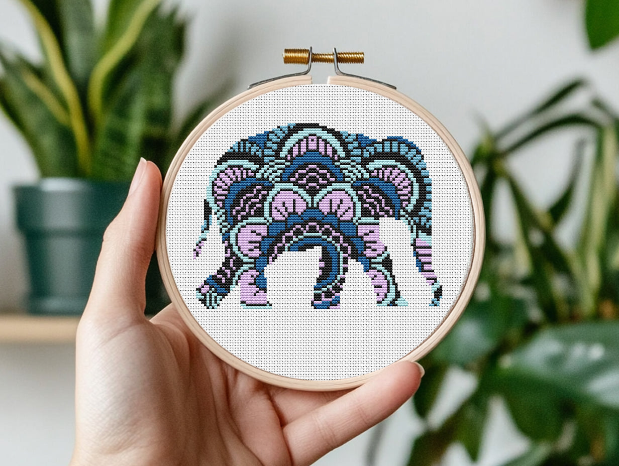 Mandala elephant cross stitch pattern with ornamental design