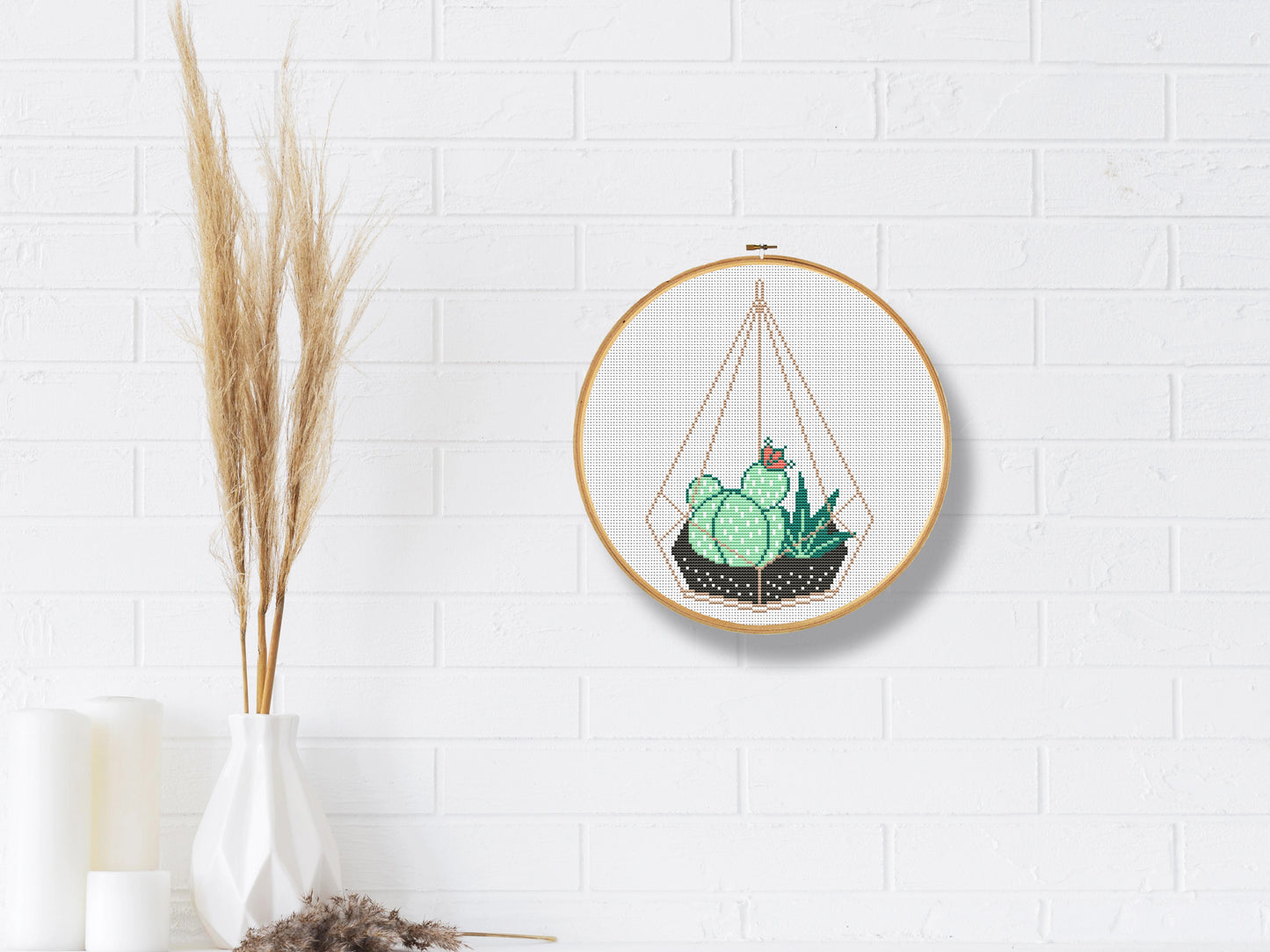 Succulents in terrarium pot cross stitch pattern, modern plant embroidery design