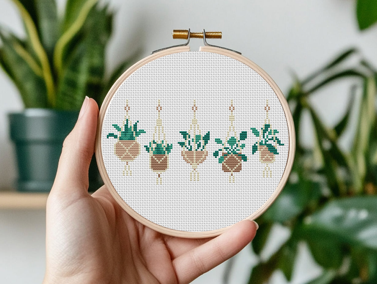 Boho cross stitch pattern with home plants in pots, decorative and stylish design