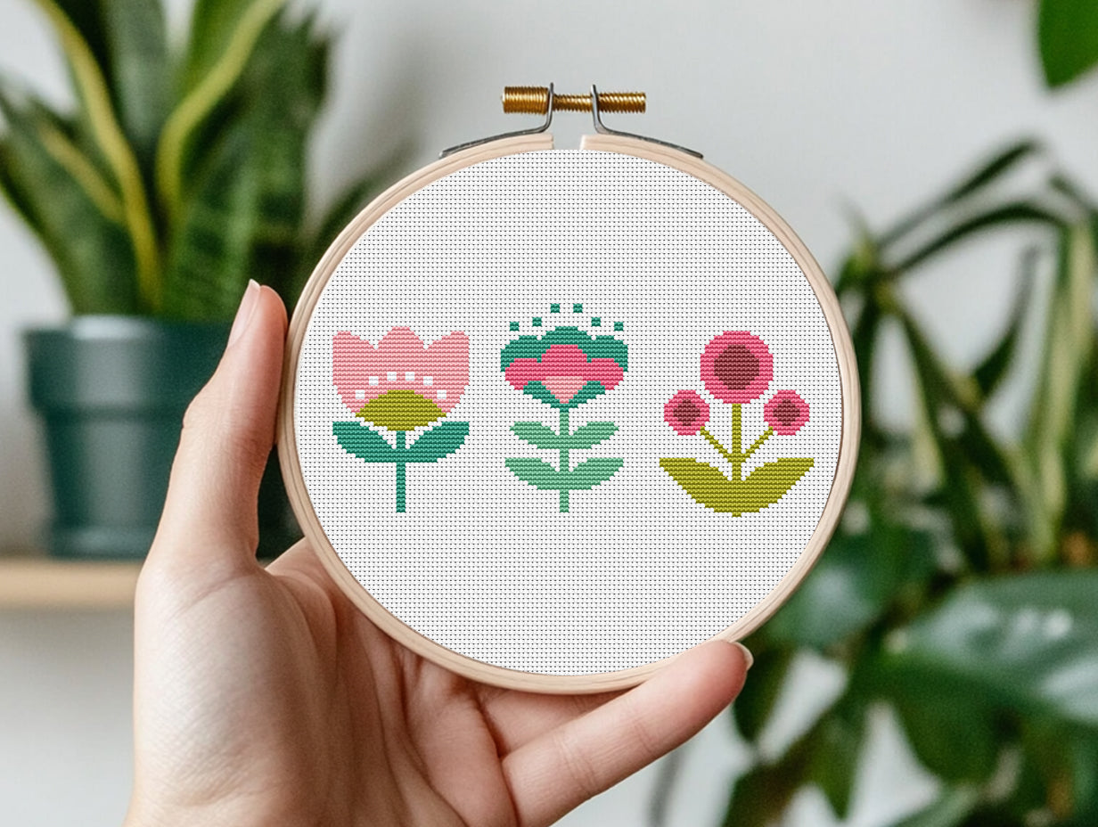 Three simple flowers cross stitch pattern with minimal floral design