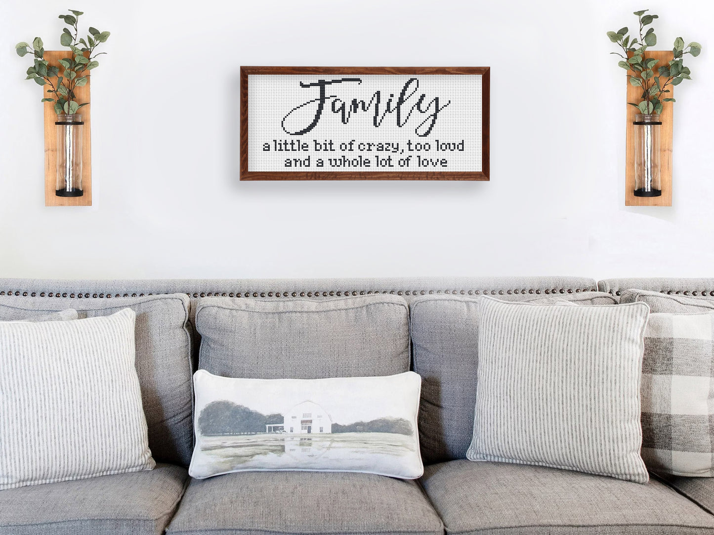 Family farmhouse quote cross stitch pattern – rustic PDF embroidery design for home décor