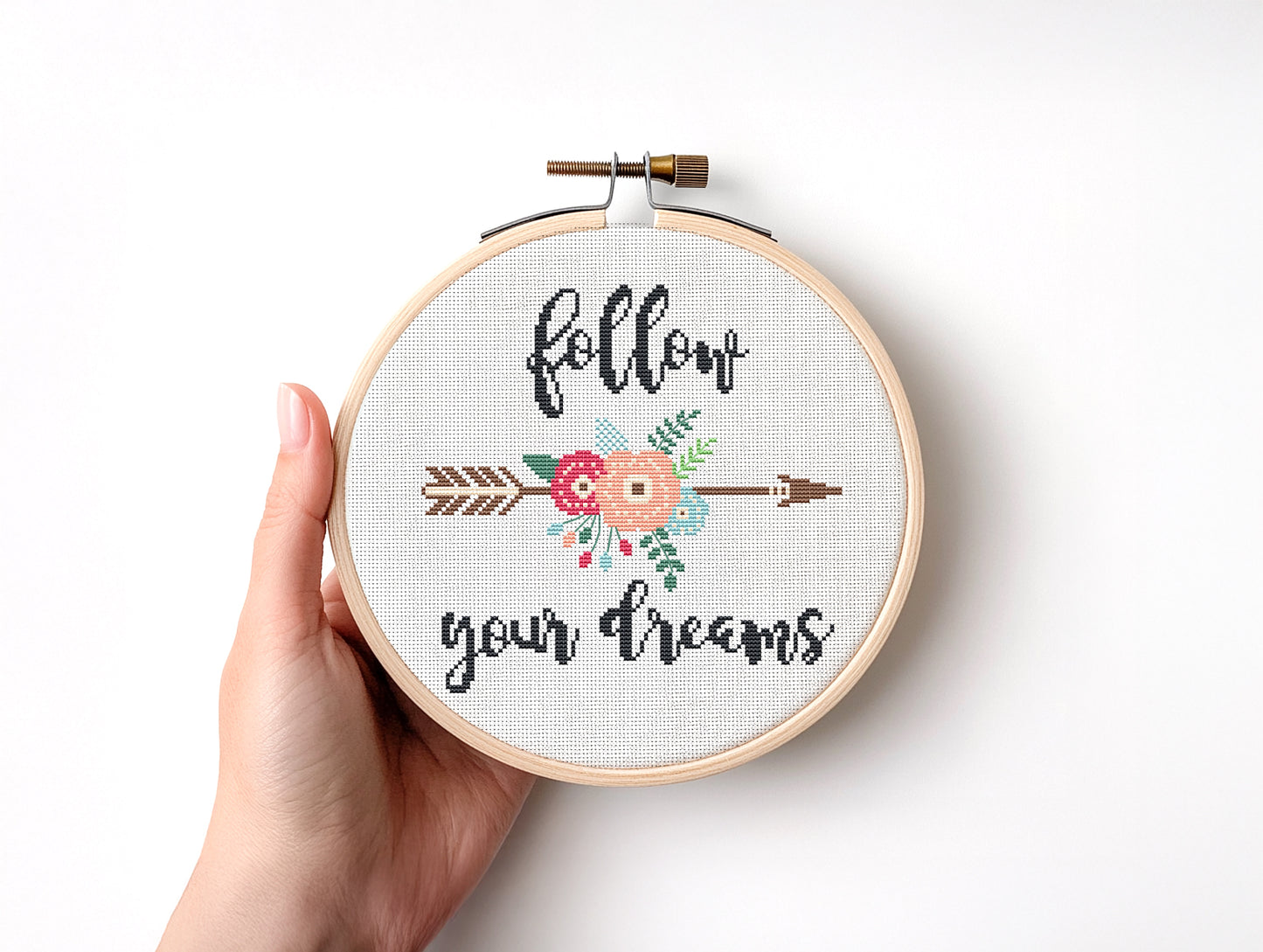 Boho floral cross stitch pattern with “Follow Your Dream” quote – modern inspirational PDF design