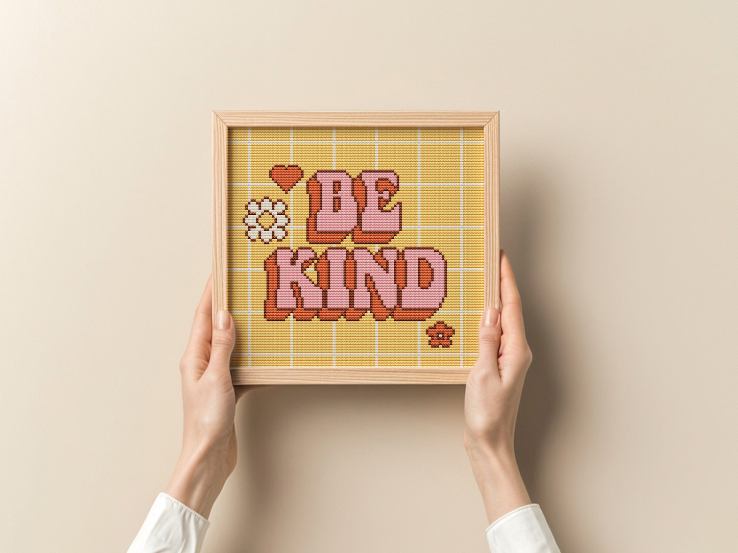 Colorful trendy retro cross stitch pattern with "Be Kind" quote – vibrant embroidery PDF chart