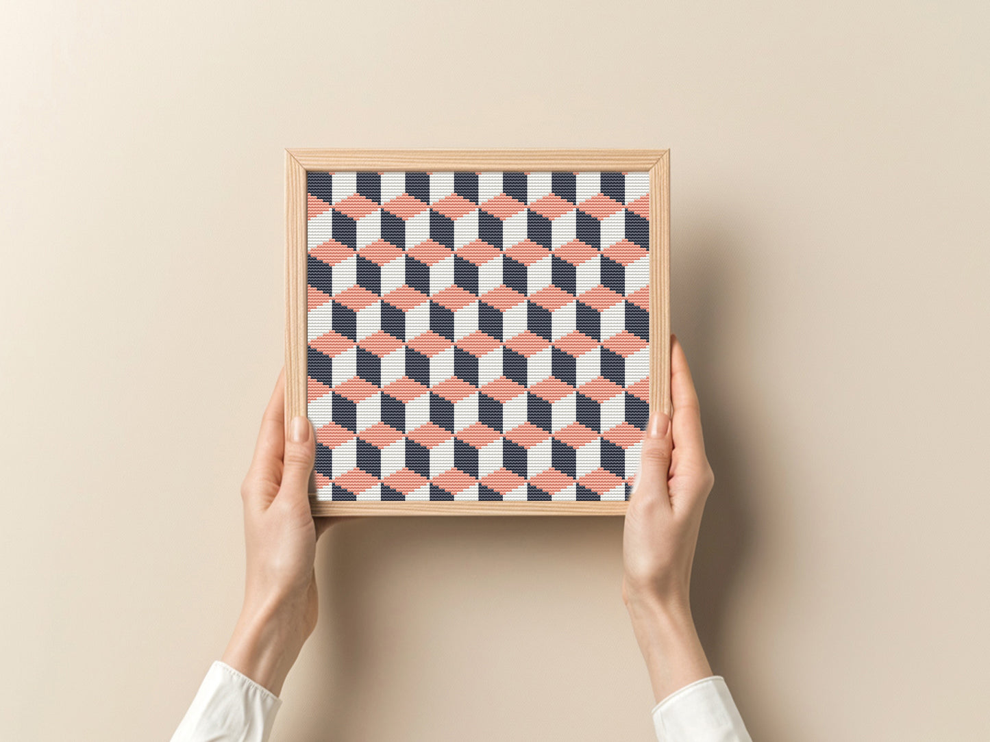 3D abstract cross stitch pattern with optical illusion and geometric depth