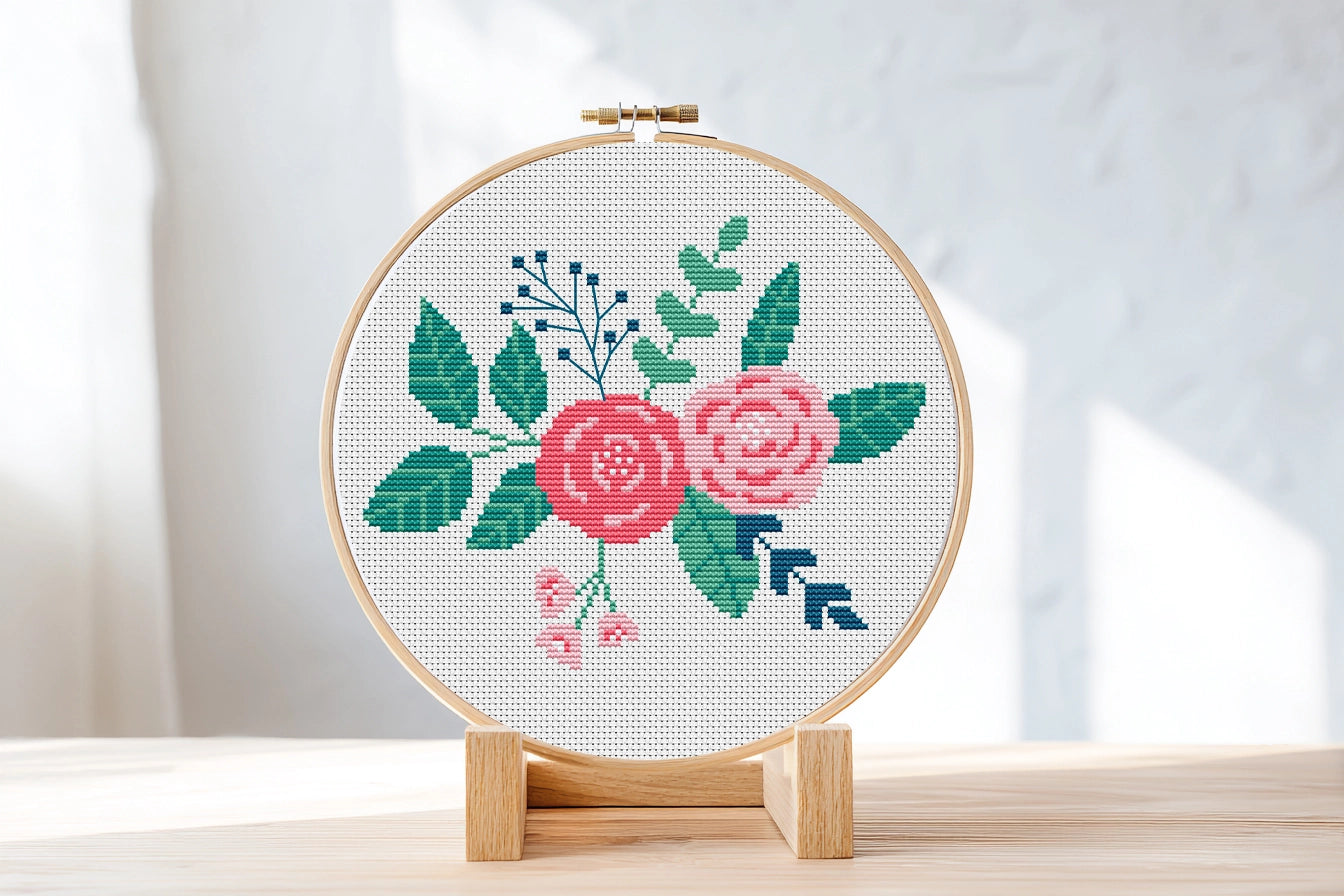 Floral bouquet with roses cross stitch pattern, elegant embroidery design