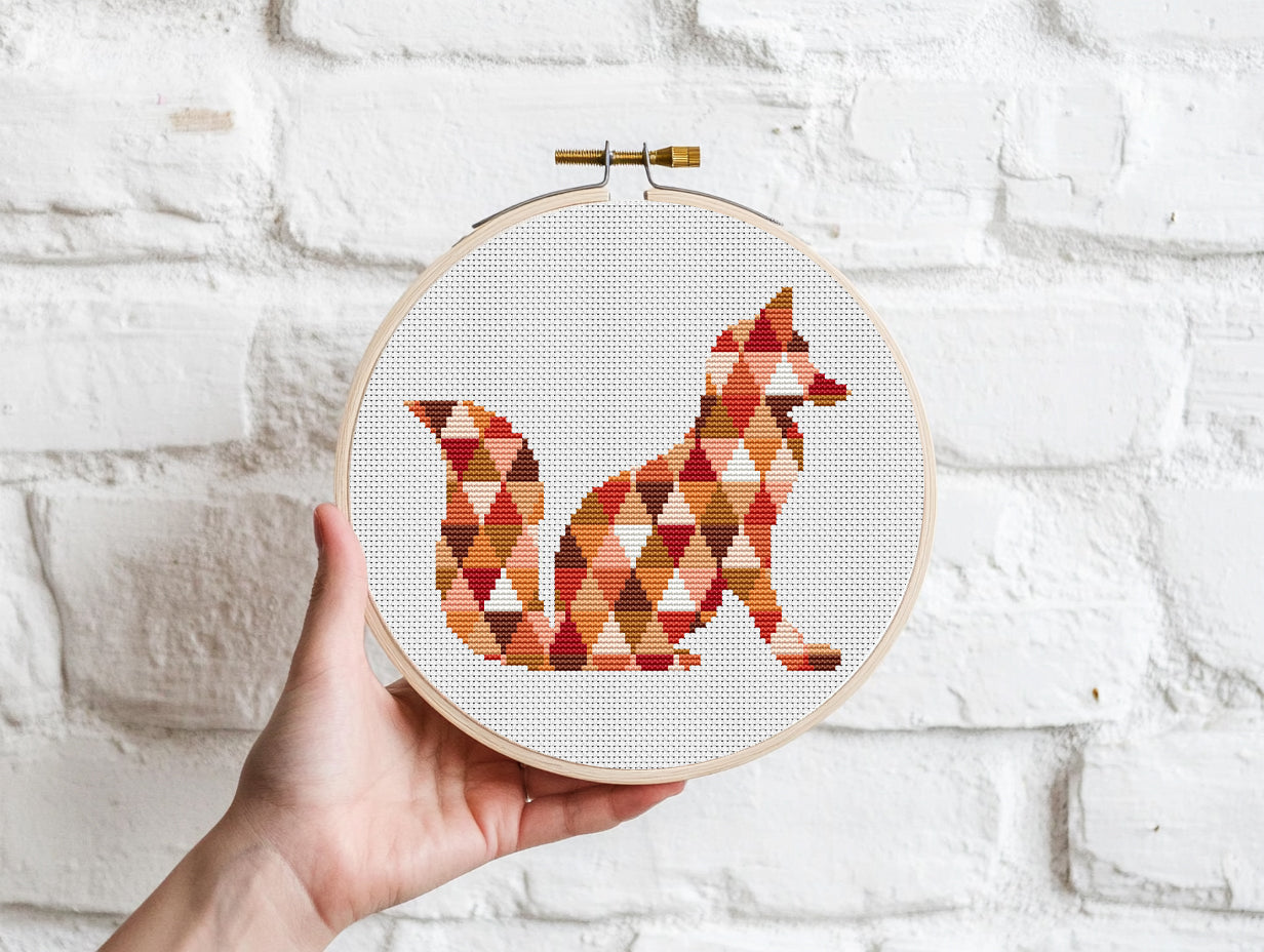 Geometric fox cross stitch pattern made of triangle shapes, modern minimalist PDF embroidery design