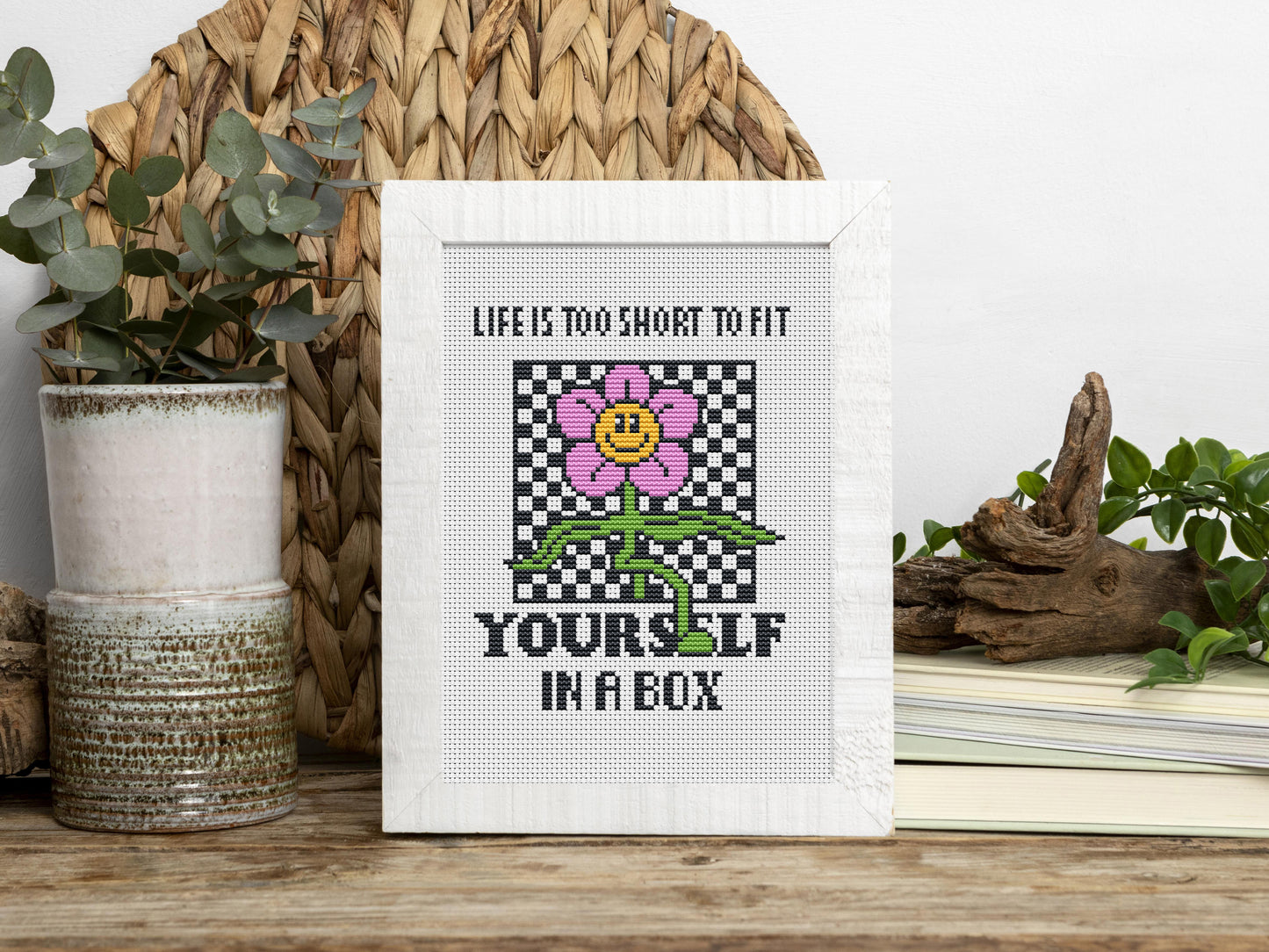 Life Is Too Short cross stitch pattern – funny cartoon quote embroidery PDF, retro modern design for home decor or gift
