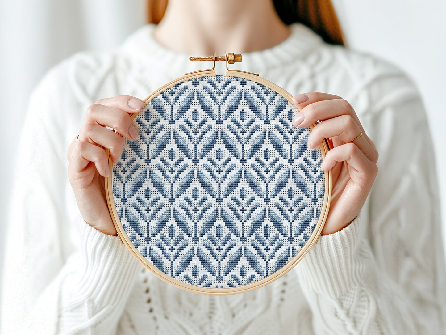 Blue geometric floral cross stitch pattern, digital PDF for modern embroidery