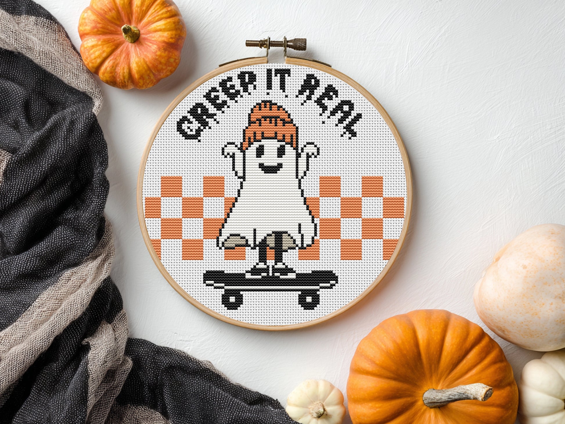 Creepy ghost Halloween cross stitch pattern, spooky embroidery design