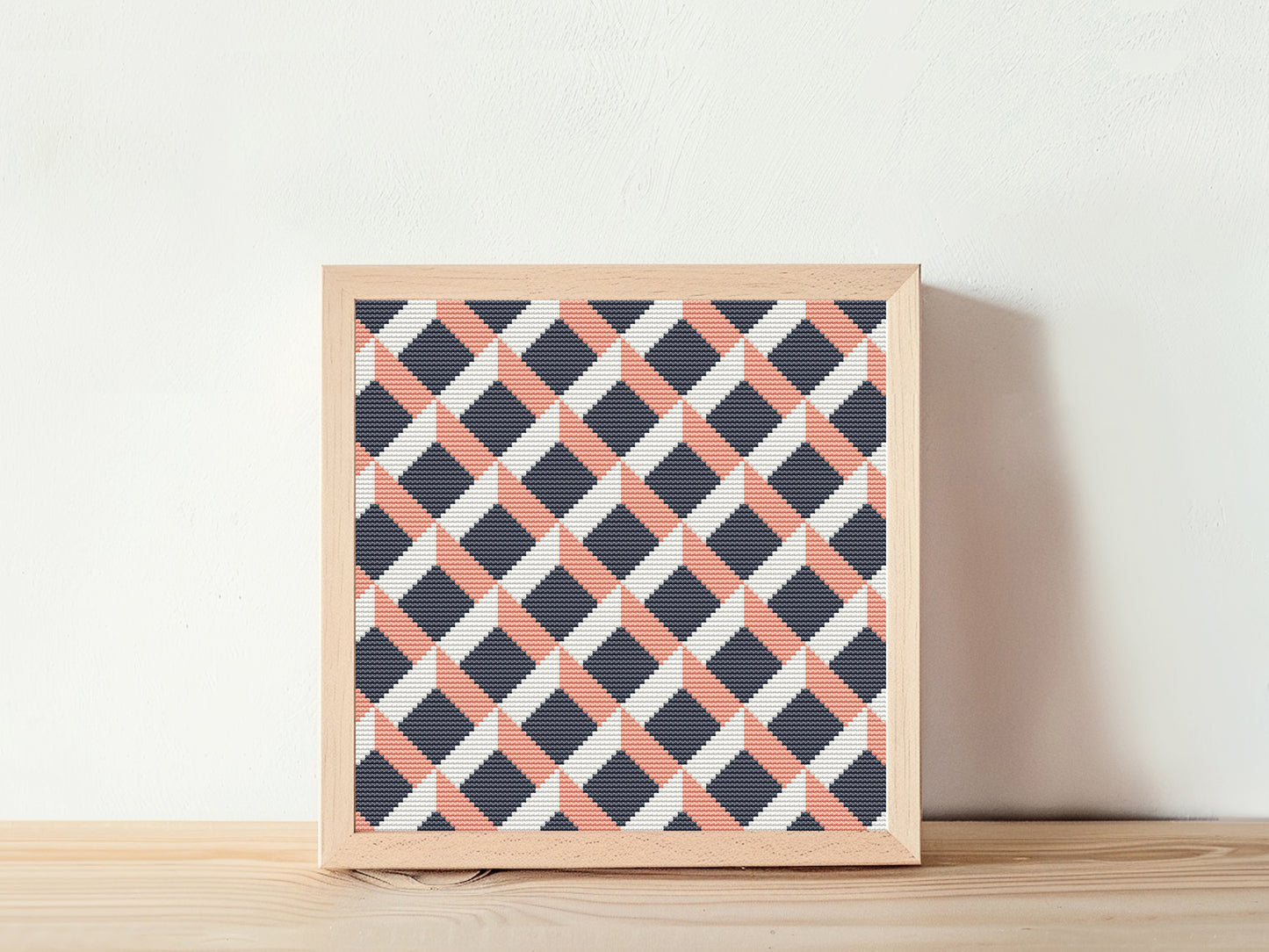 Modern geometric cross stitch pattern with abstract shapes and clean lines