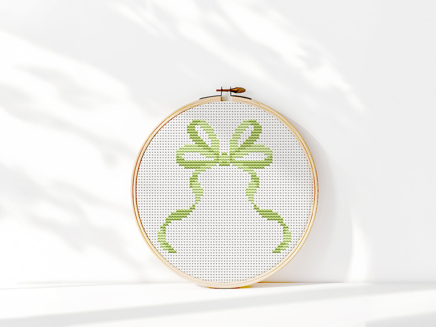 Green bow cross stitch pattern – minimalist PDF embroidery chart for girl’s room decor