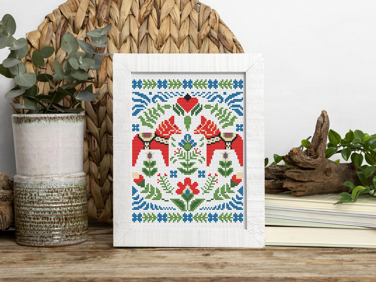 Swedish red horse cross stitch pattern, Nordic Dala horse embroidery design
