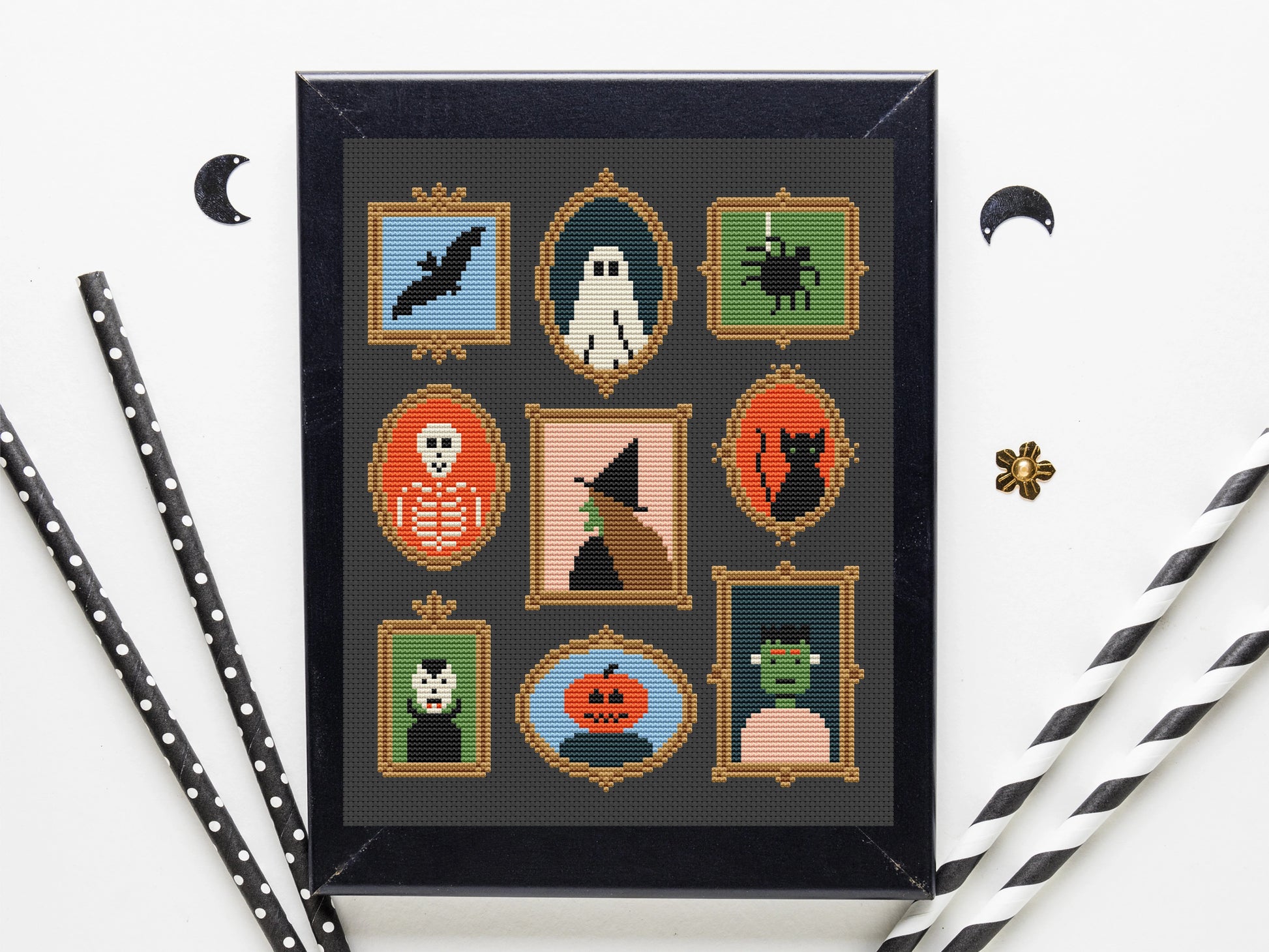 Halloween symbols in frames cross stitch pattern, spooky embroidery design