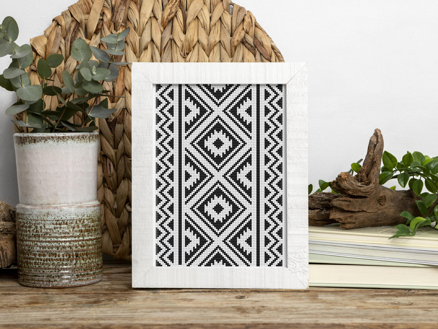 Set of three black and white tribal boho cross stitch patterns with geometric shapes