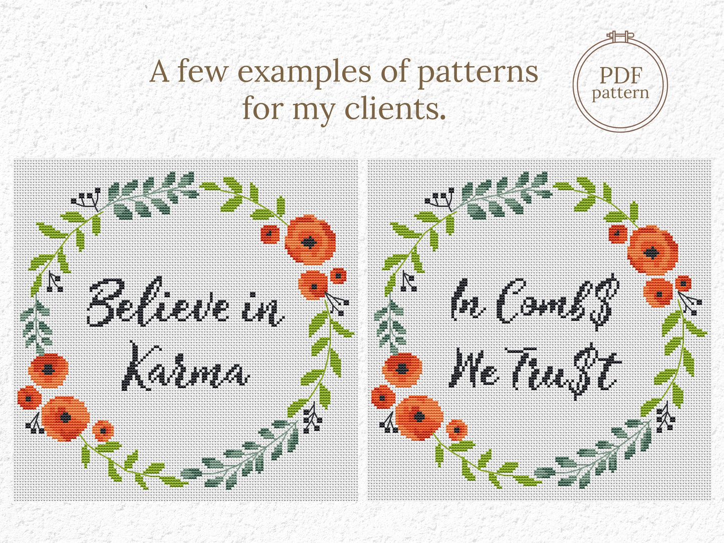 Custom cross stitch pattern with red floral wreath and personalized text placeholder - customizable PDF design