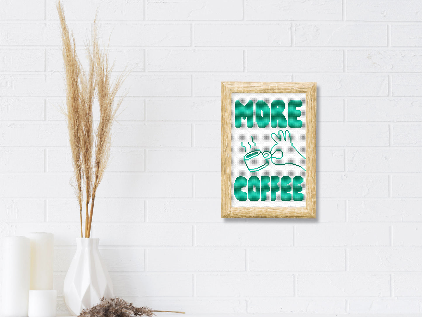 More Coffee cross stitch pattern in modern bold typography – instant PDF download.