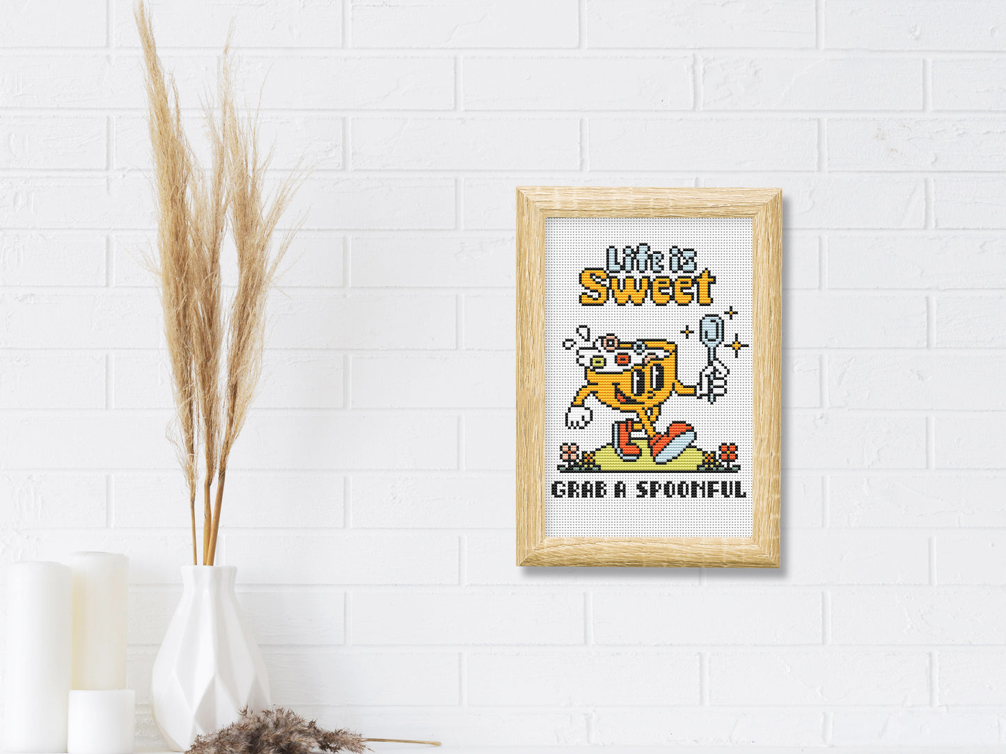 Life Is Sweet cross stitch pattern – funny retro quote embroidery PDF with trendy colors, positive modern wall decor