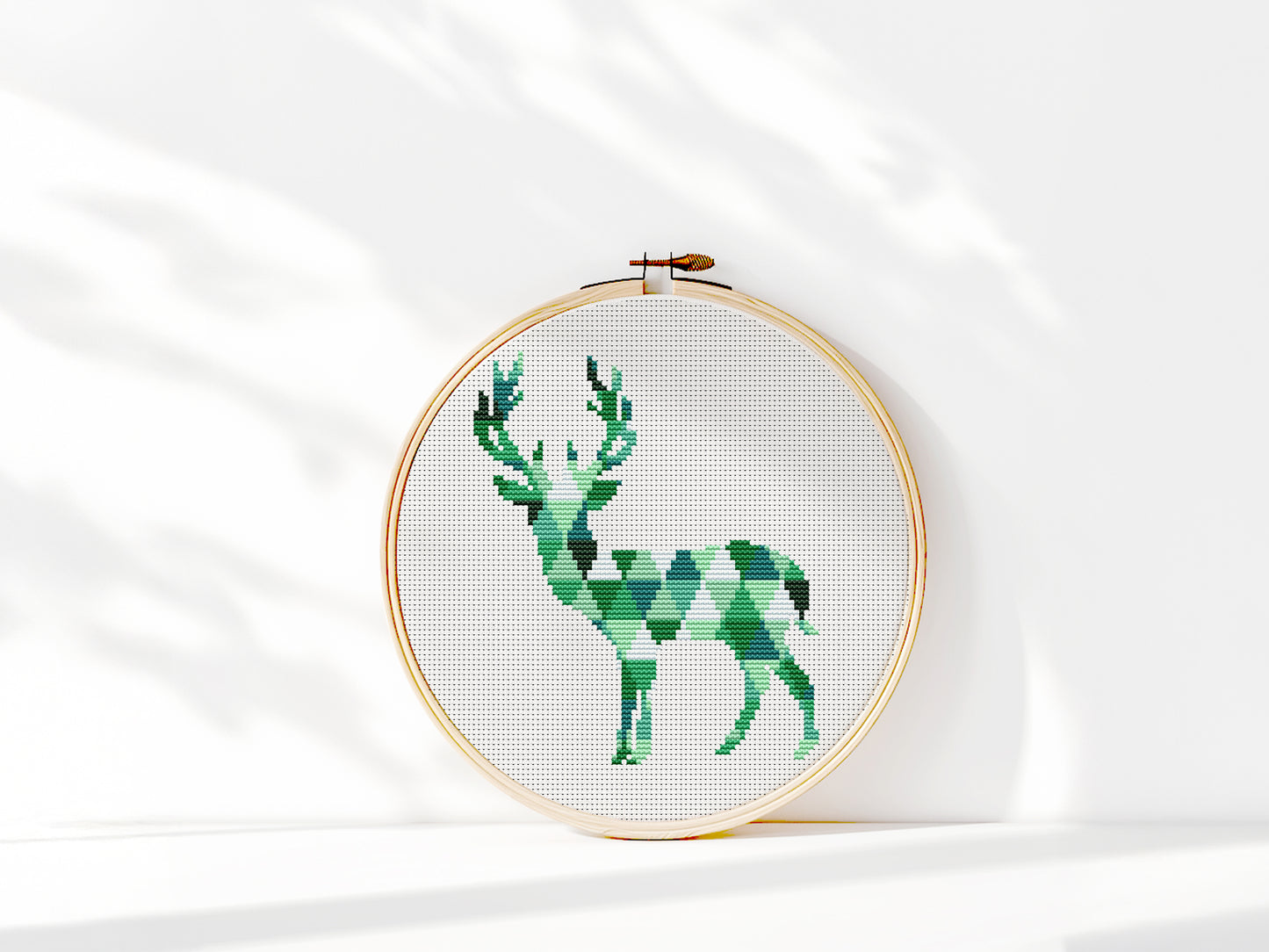 Geometric deer cross stitch pattern with triangle shapes, modern minimalist PDF design