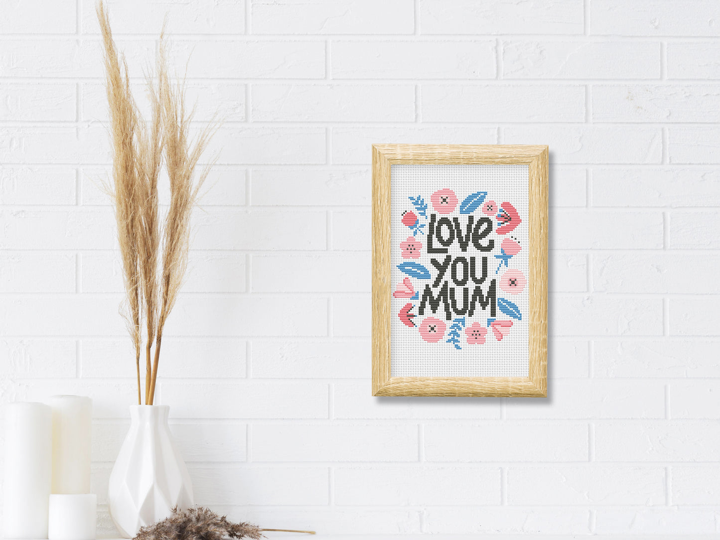 Love You Mum cross stitch pattern – cute floral PDF design for Mother’s Day embroidery gift, beginner-friendly hoop art
