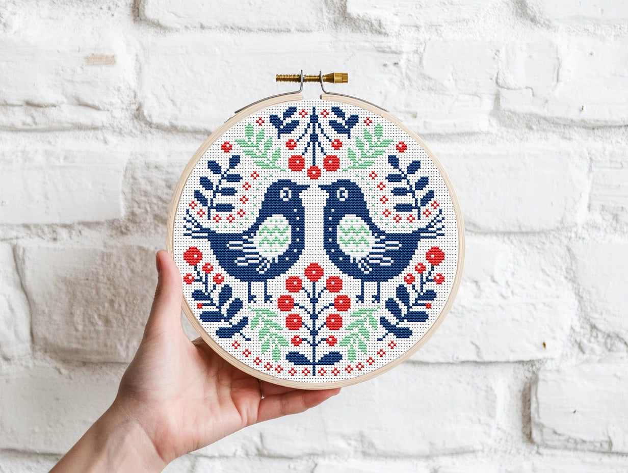 Nordic folk birds in ornaments cross stitch pattern, Scandinavian embroidery design