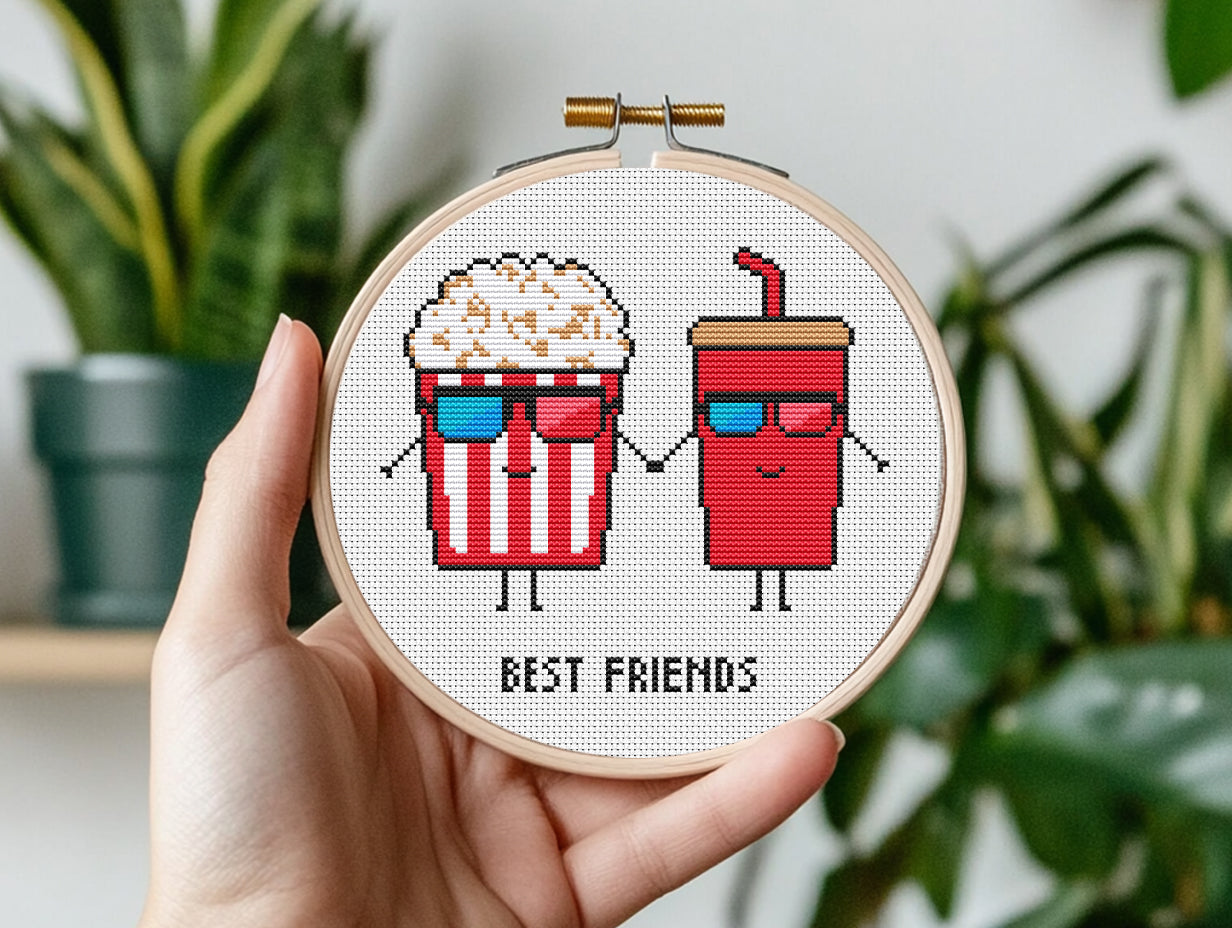 Movie night best friend cross stitch pattern with popcorn and cola