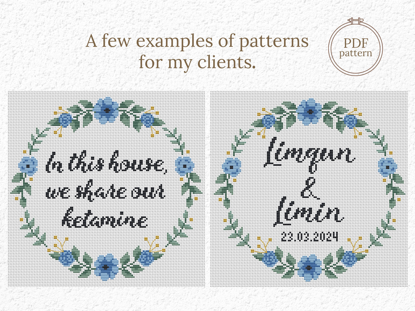 Personalized cross stitch pattern with custom text inside floral wreath - handmade PDF design