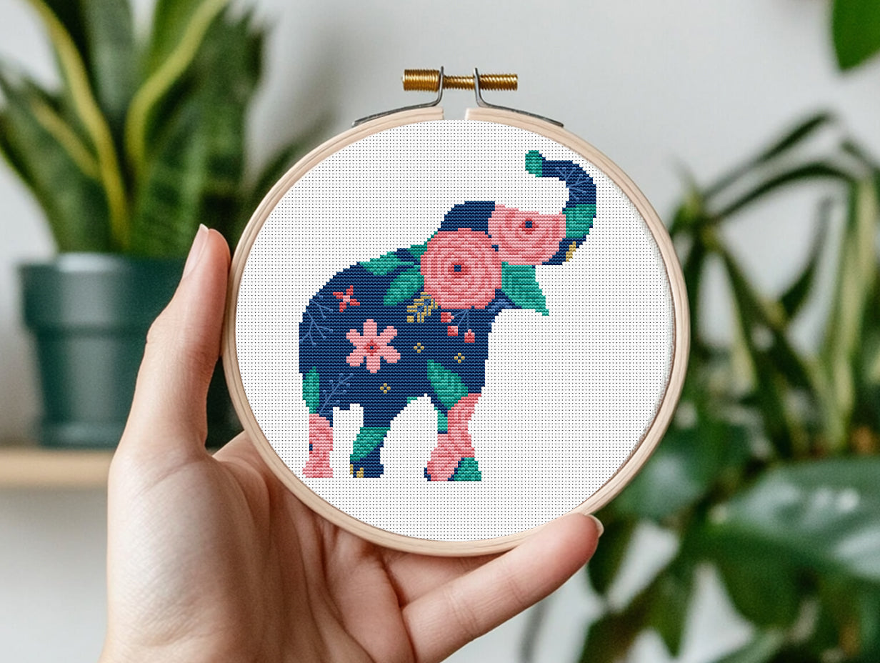 Elephant cross stitch pattern for nursery with floral print and baby theme