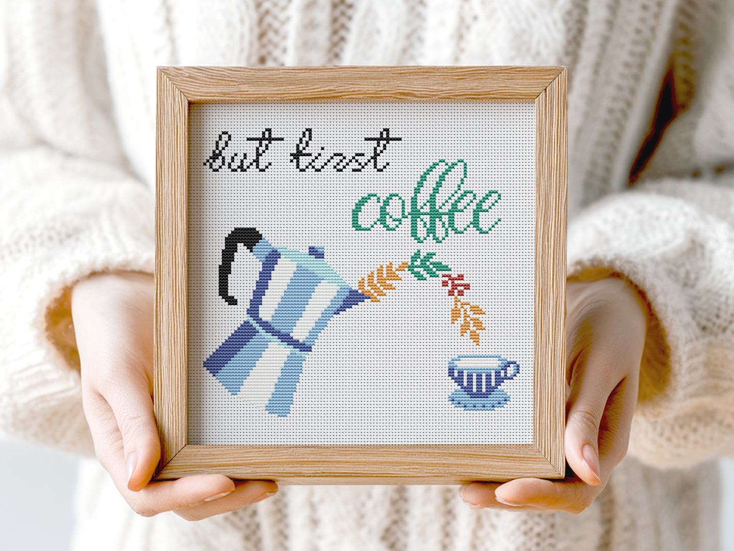 But First Coffee free cross stitch pattern, coffee quote embroidery design