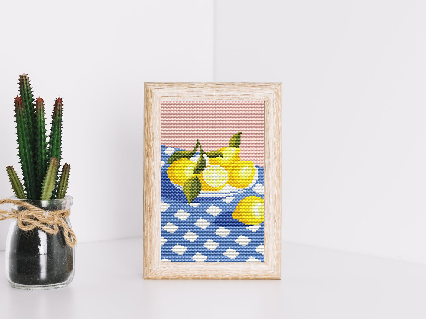 Summer cross stitch pattern with lemons on a plate – modern citrus embroidery PDF design
