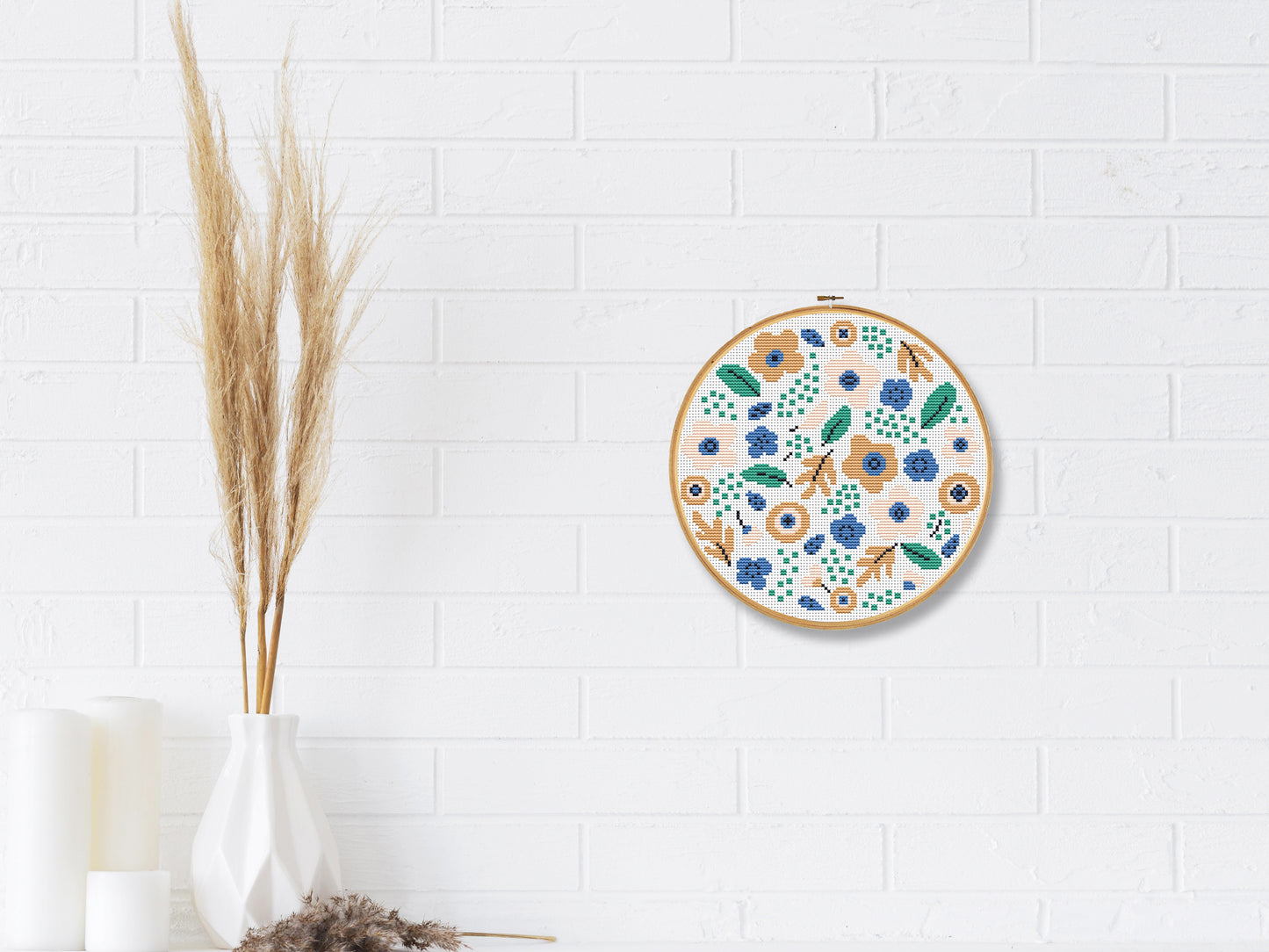Modern floral bouquet cross stitch pattern – beige spring flowers PDF embroidery design