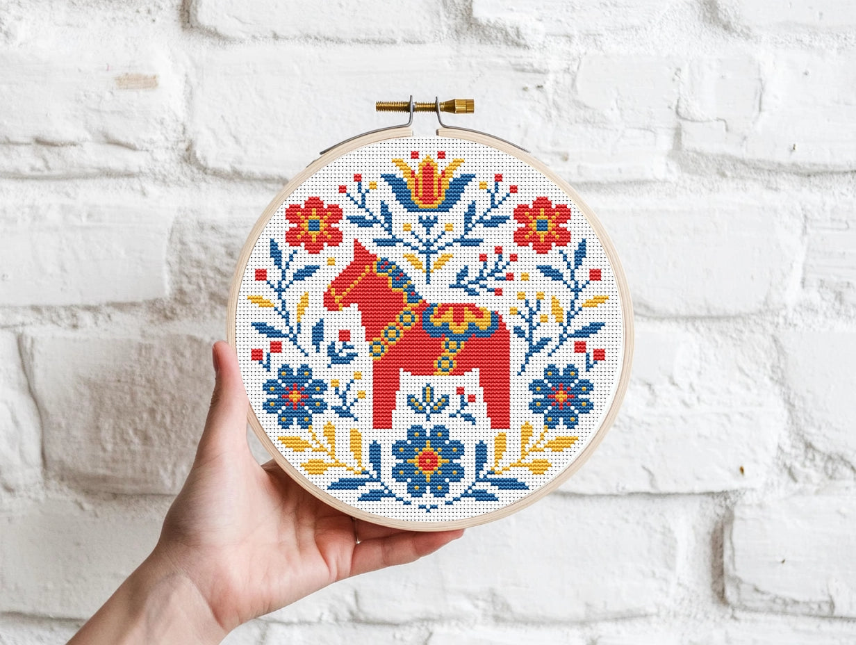 Nordic horse cross stitch pattern, Scandinavian folk embroidery design