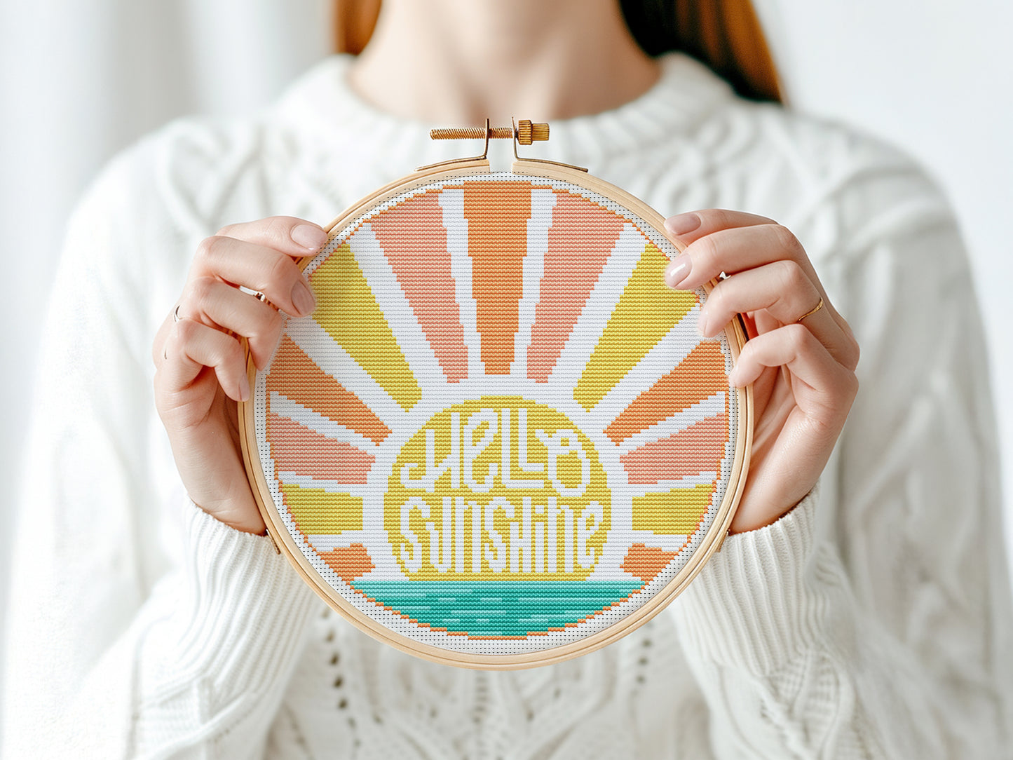 Hello Sunshine cross stitch pattern – summer surf beach quote PDF design