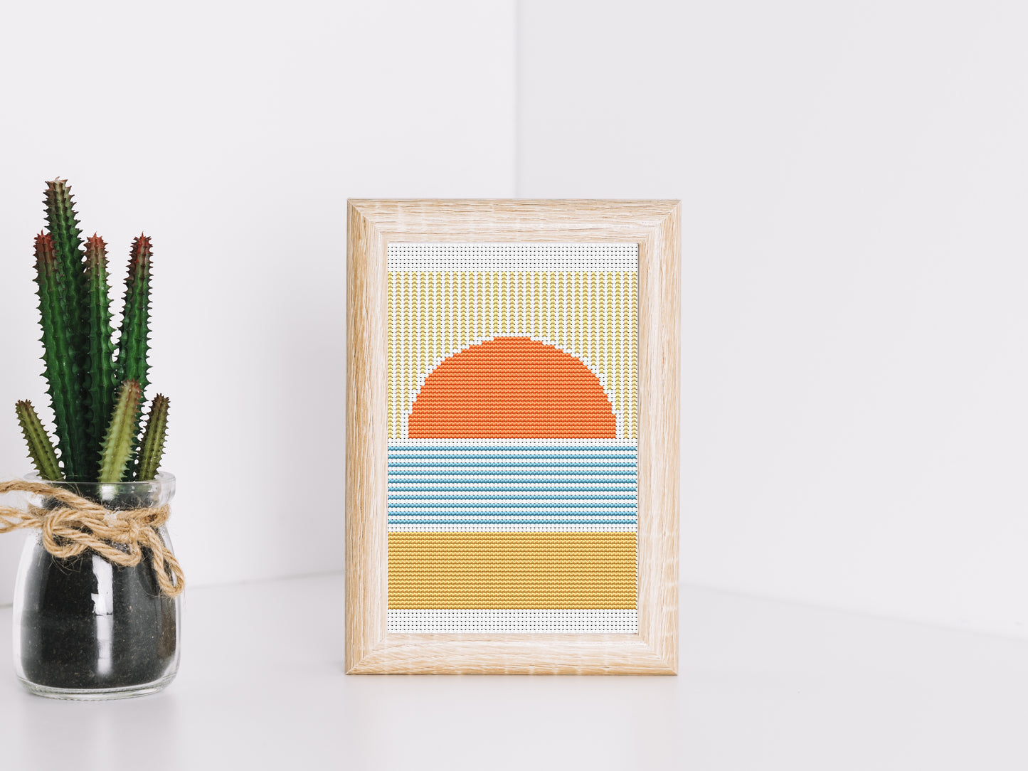 Geometric sunset cross stitch pattern – abstract sea view – modern ocean embroidery PDF