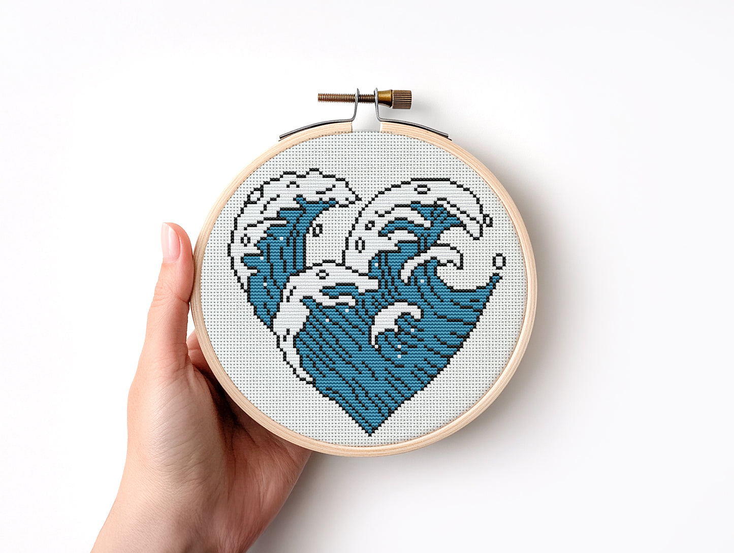 Cross stitch pattern with ocean wave in heart shape, minimalist coastal PDF design