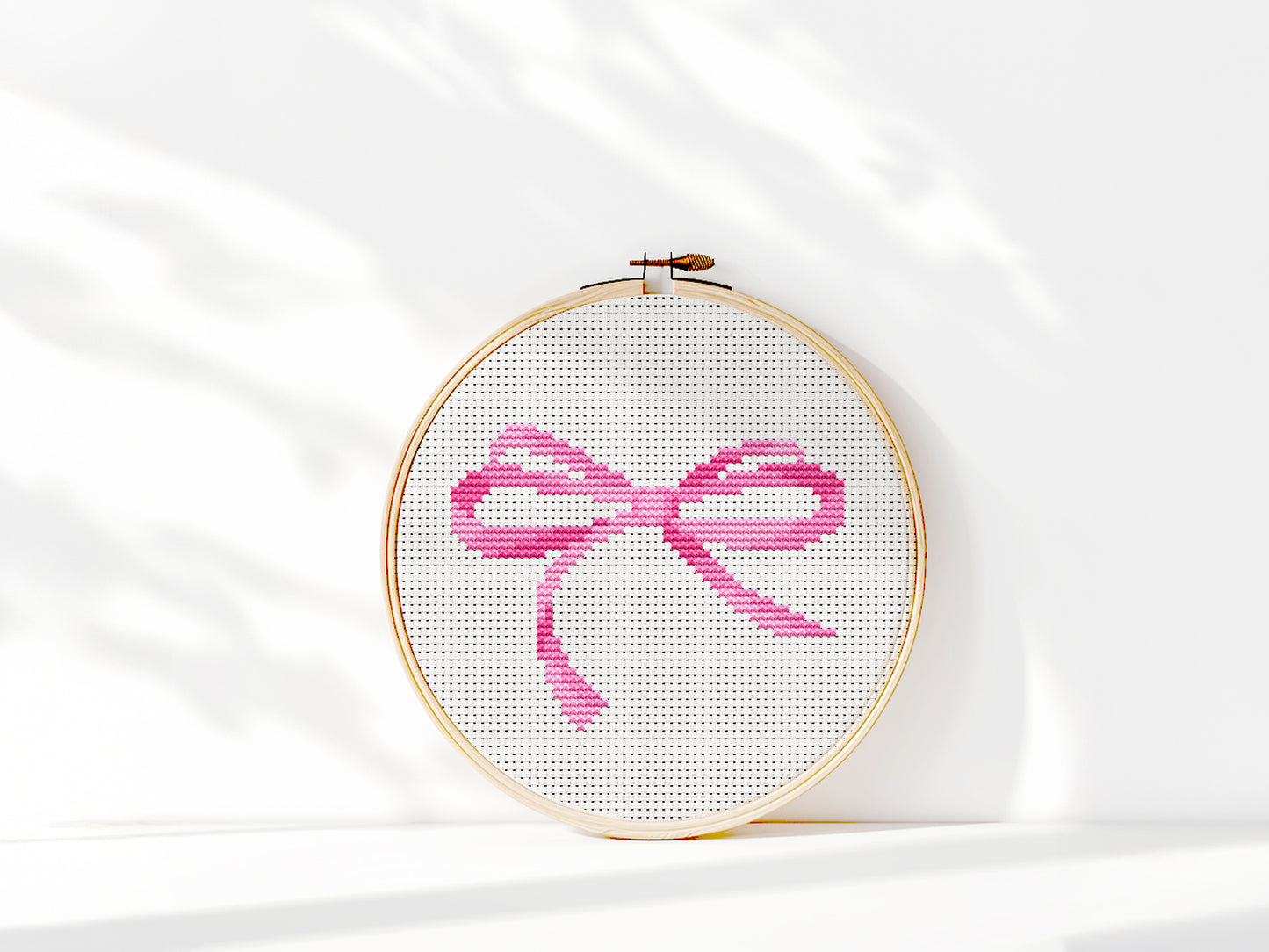Pink bow cross stitch pattern PDF – trendy girl room decor, cute embroidery chart