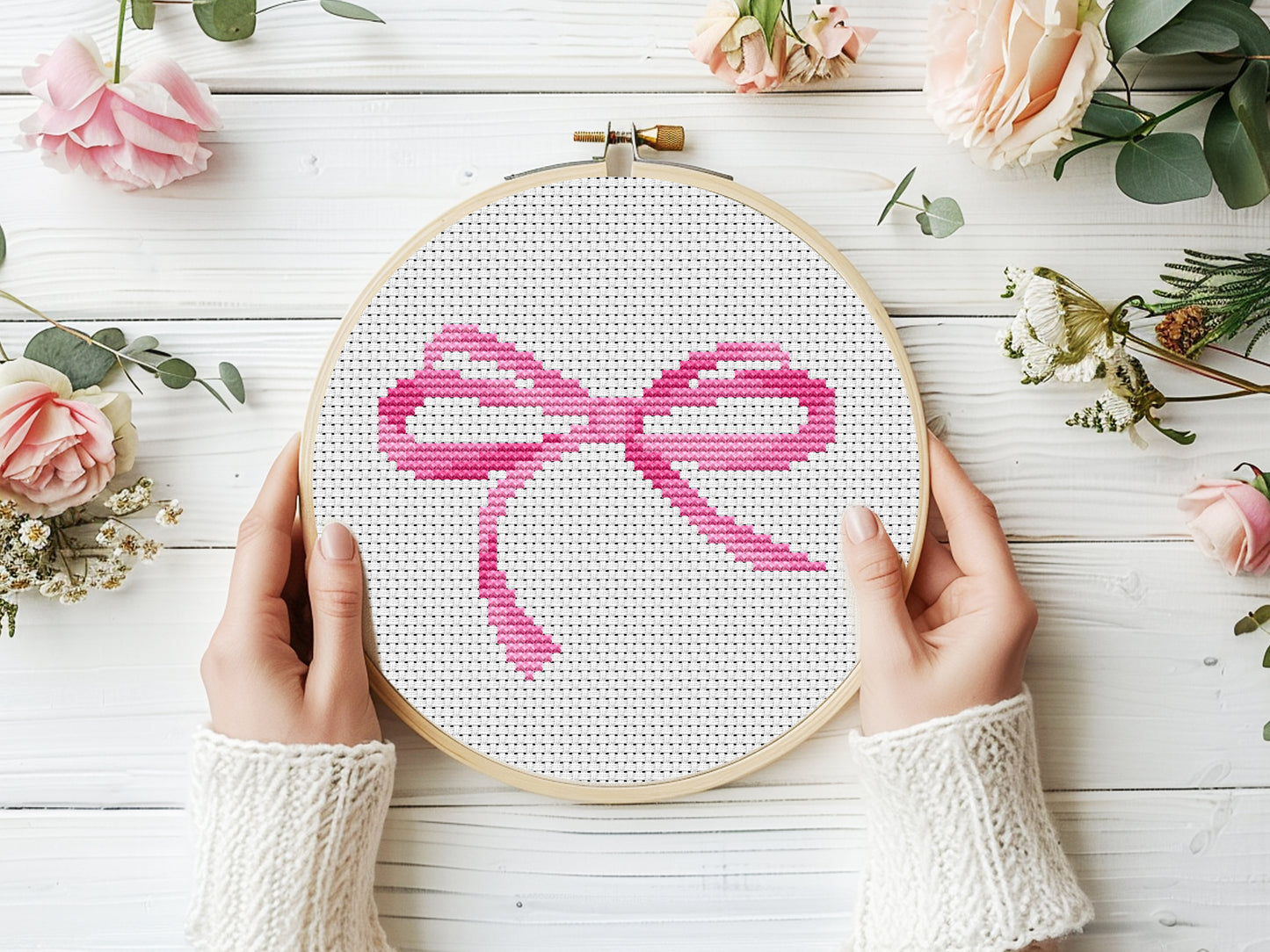 Mini Pink Bow cross stitch pattern - Beginner friendly PDF