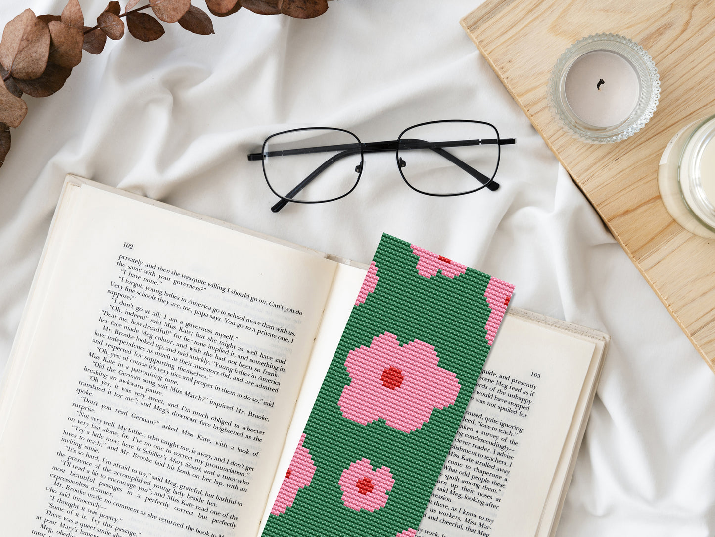 Modern floral cross stitch bookmark PDF pattern – minimalist vertical flower design for book lovers