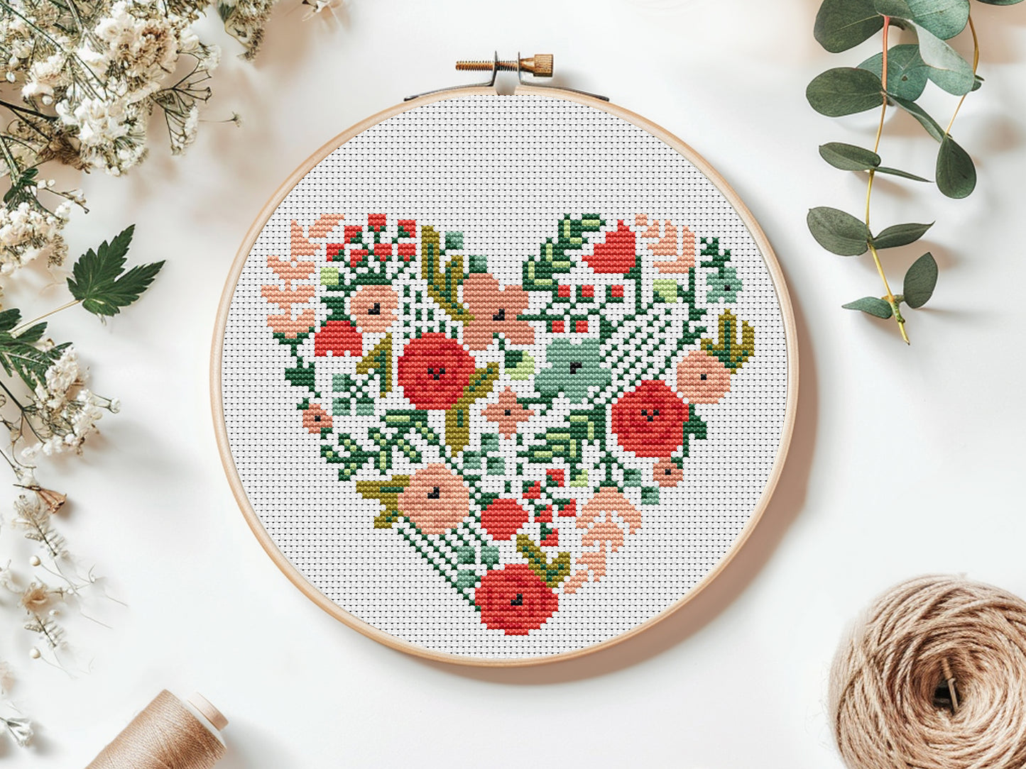 Modern floral heart cross stitch pattern – botanical embroidery PDF with bold flowers and leaves