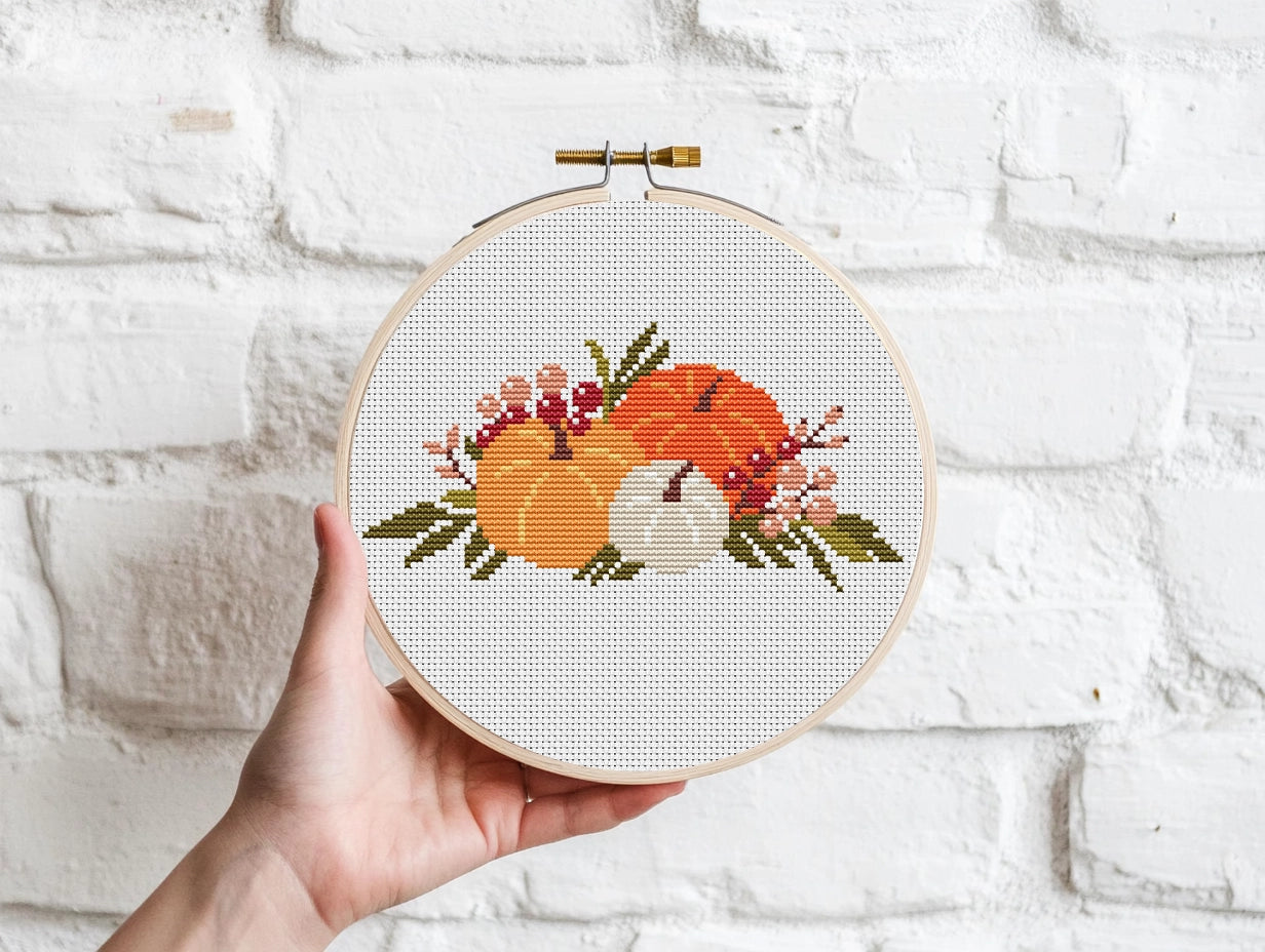 Cozy autumn cross stitch pattern with pumpkins and rustic bouquet, fall PDF design