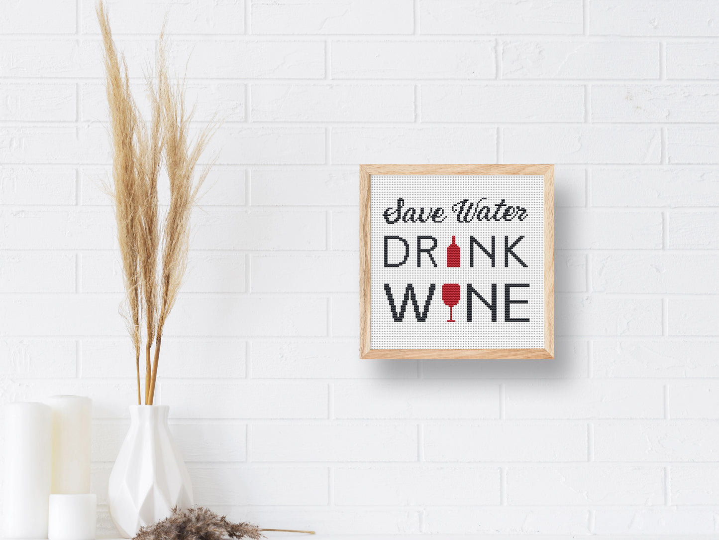 Save Water Drink Wine free cross stitch pattern, funny wine quote embroidery design