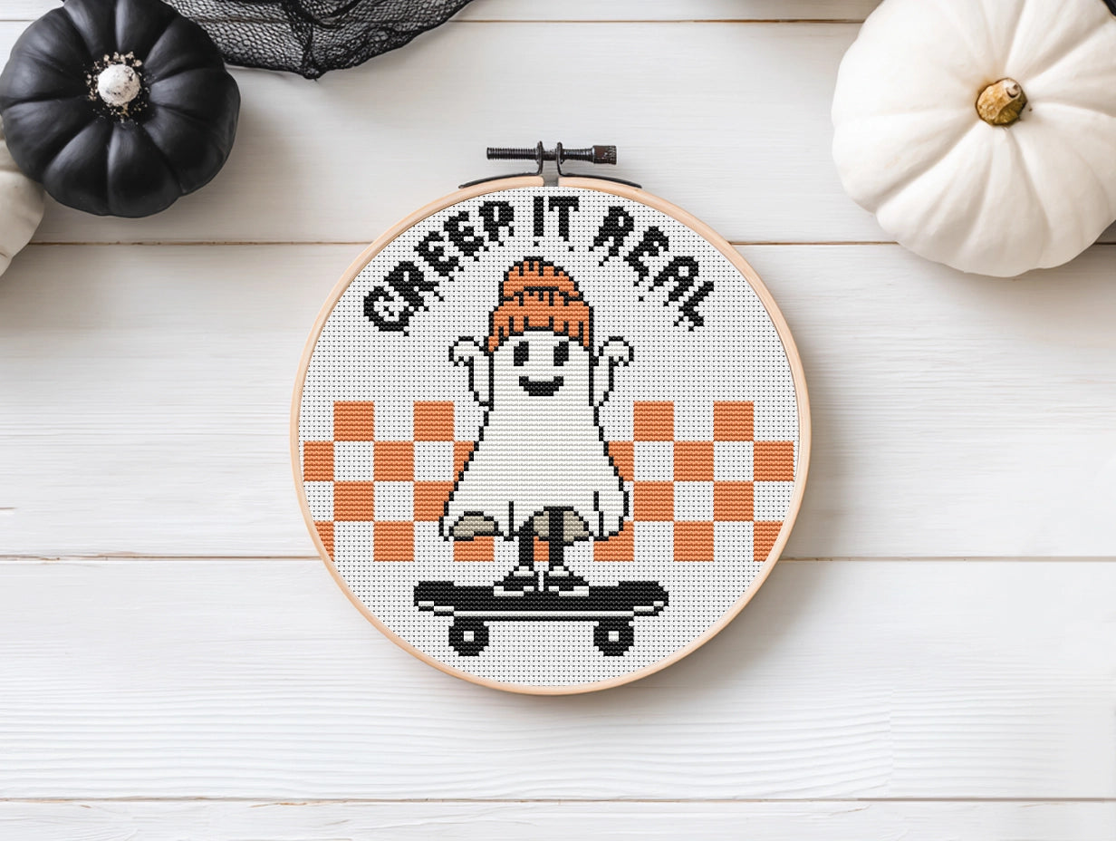 Creepy ghost Halloween cross stitch pattern, spooky embroidery design