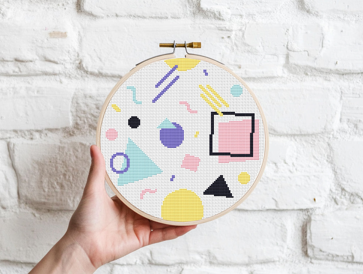 Memphis style abstract geometric shapes cross stitch pattern