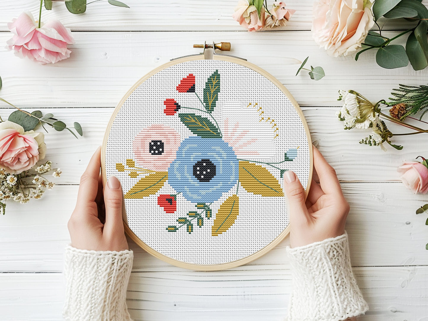 Set of 5 modern floral bouquet cross stitch patterns – PDF embroidery designs with colorful flower arrangements for home decor and gifts