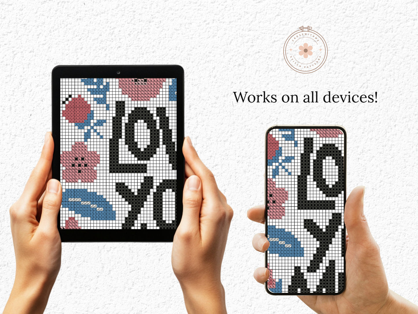Love You Mum cross stitch pattern – cute floral PDF design for Mother’s Day embroidery gift, beginner-friendly hoop art