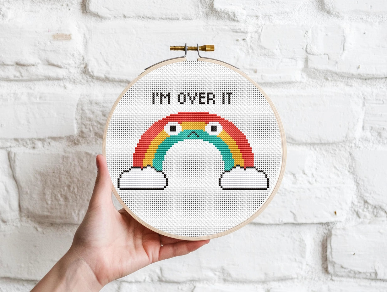 "I'm Over It" quote rainbow cross stitch pattern, fun typography embroidery design