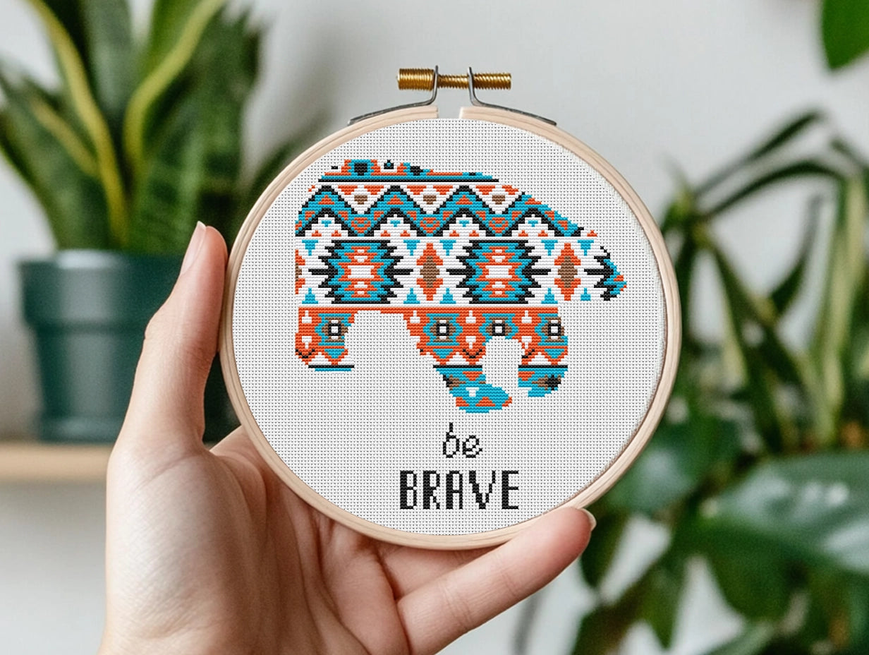 Be Brave Bear free cross stitch pattern, cute bear quote embroidery design